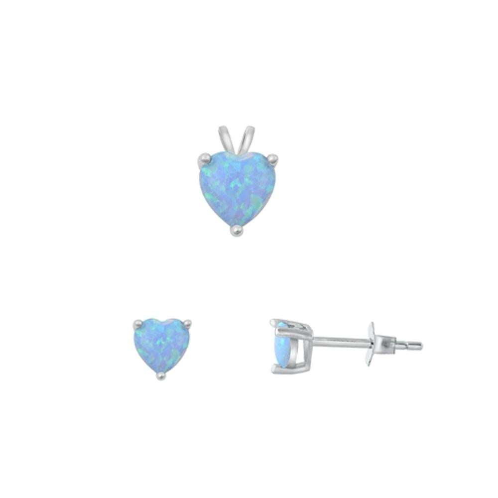 Sterling Silver 4mm Light Blue Synthetic Opal Earrings & 6mm Heart Pendant Set
