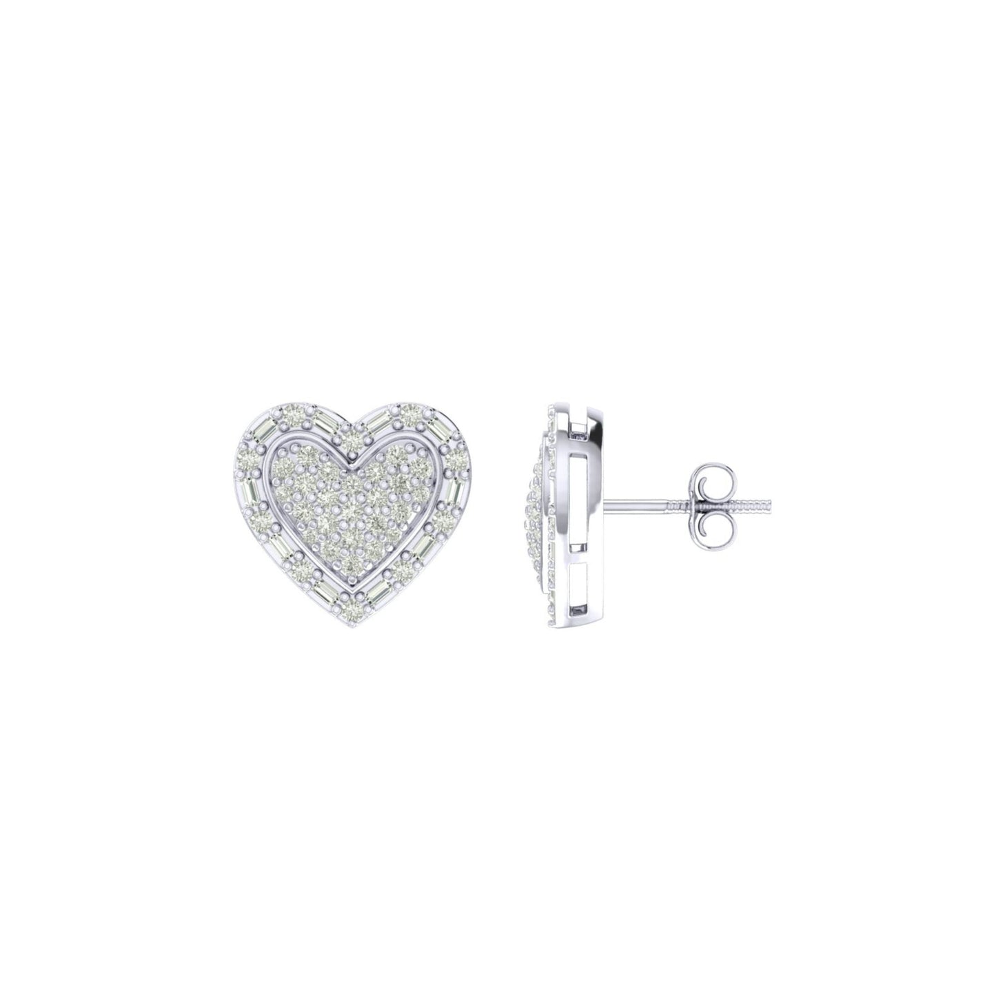 Sterling Silver Round Baguette Diamond Heart Shape Designer Stud Earring 1/2 Cttw