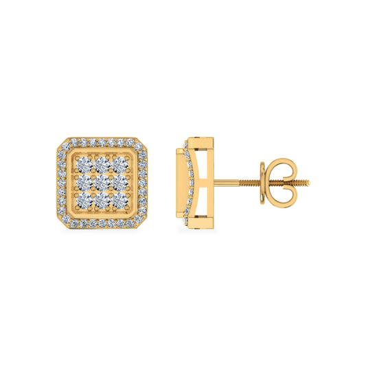 10K Yellow Gold Round Diamond Square Shape Stud Earrings 1/2 Cttw