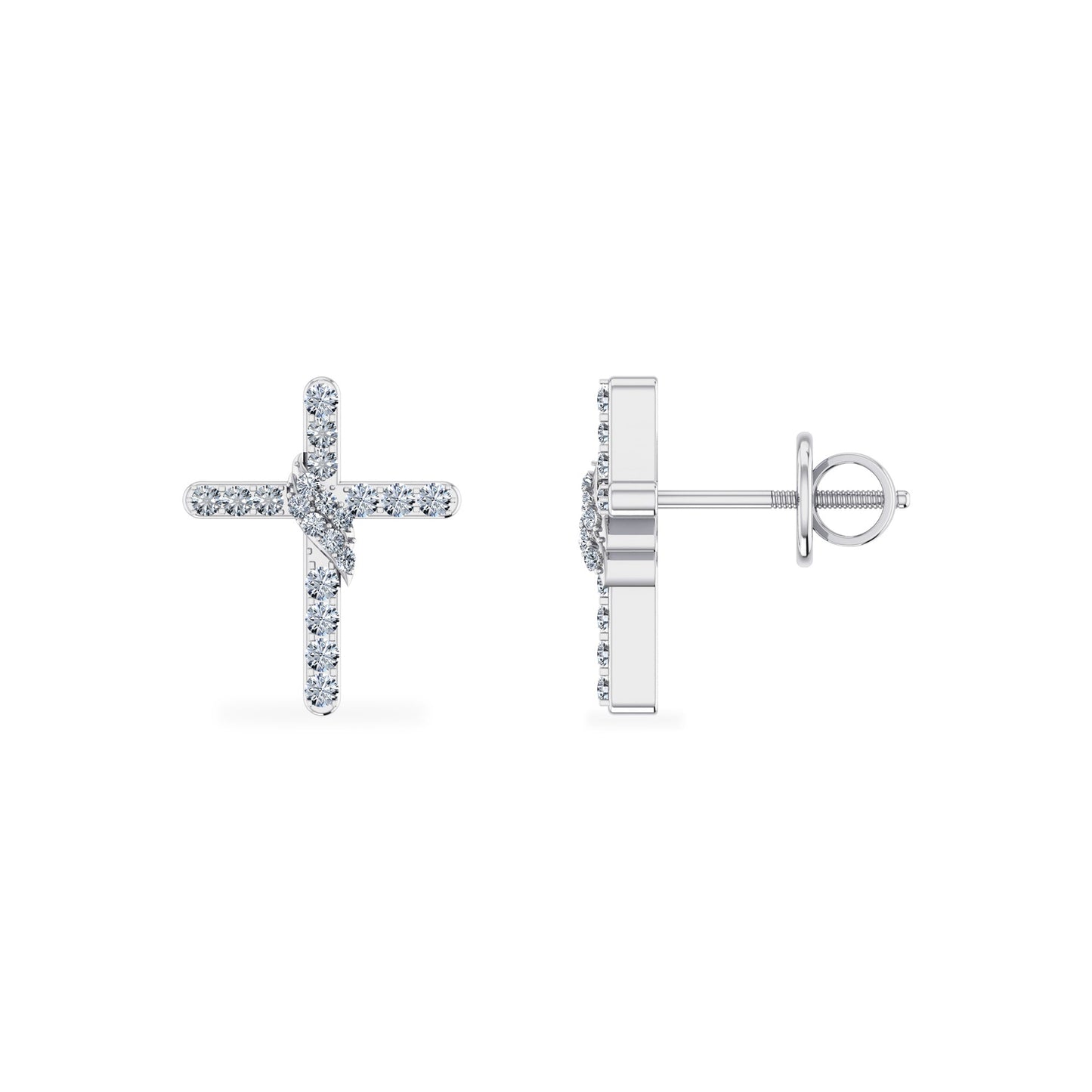 10K White Gold Round Diamond Cross Religious Stud Earrings 1/6 Cttw