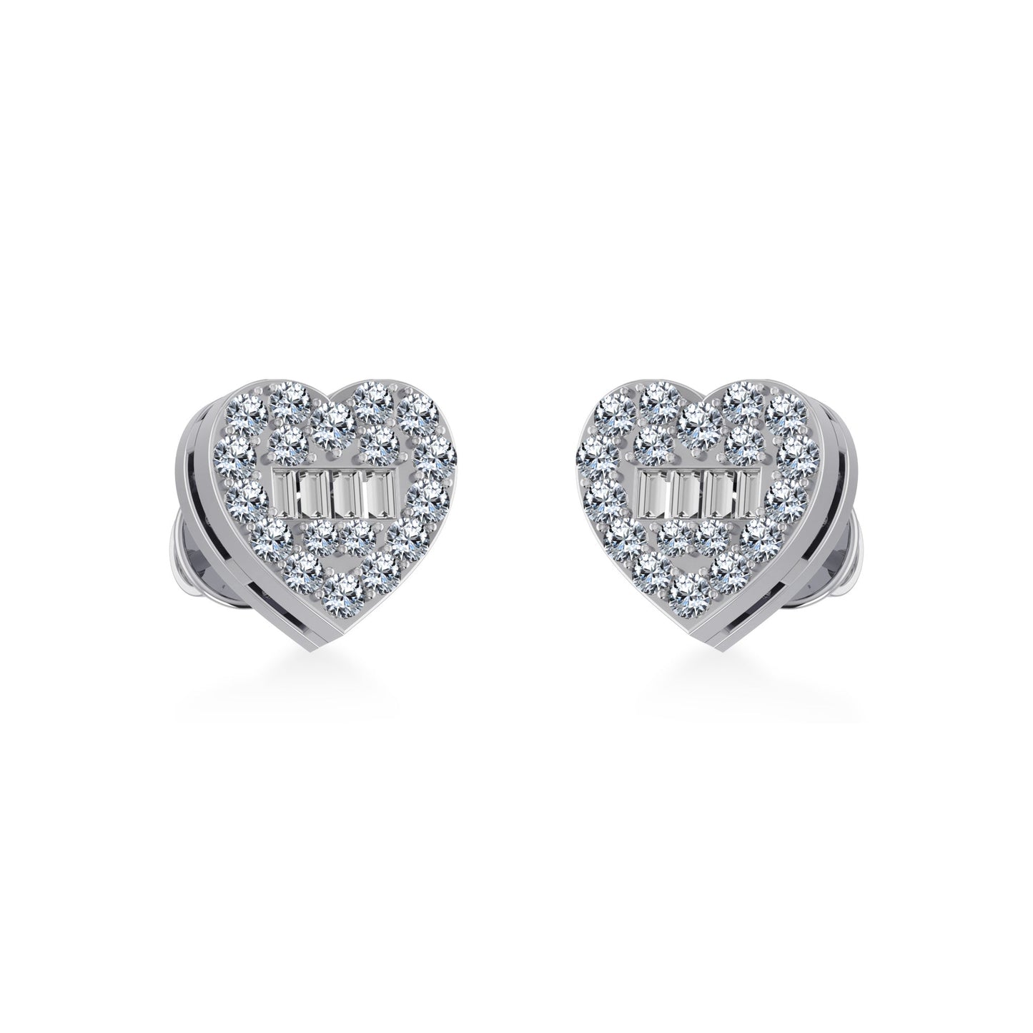 10K White Gold Round Baguette Diamond Heart Shape Cluster Stud Earring 1/5 Cttw