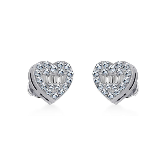 10K White Gold Round Baguette Diamond Heart Shape Cluster Stud Earring 1/5 Cttw
