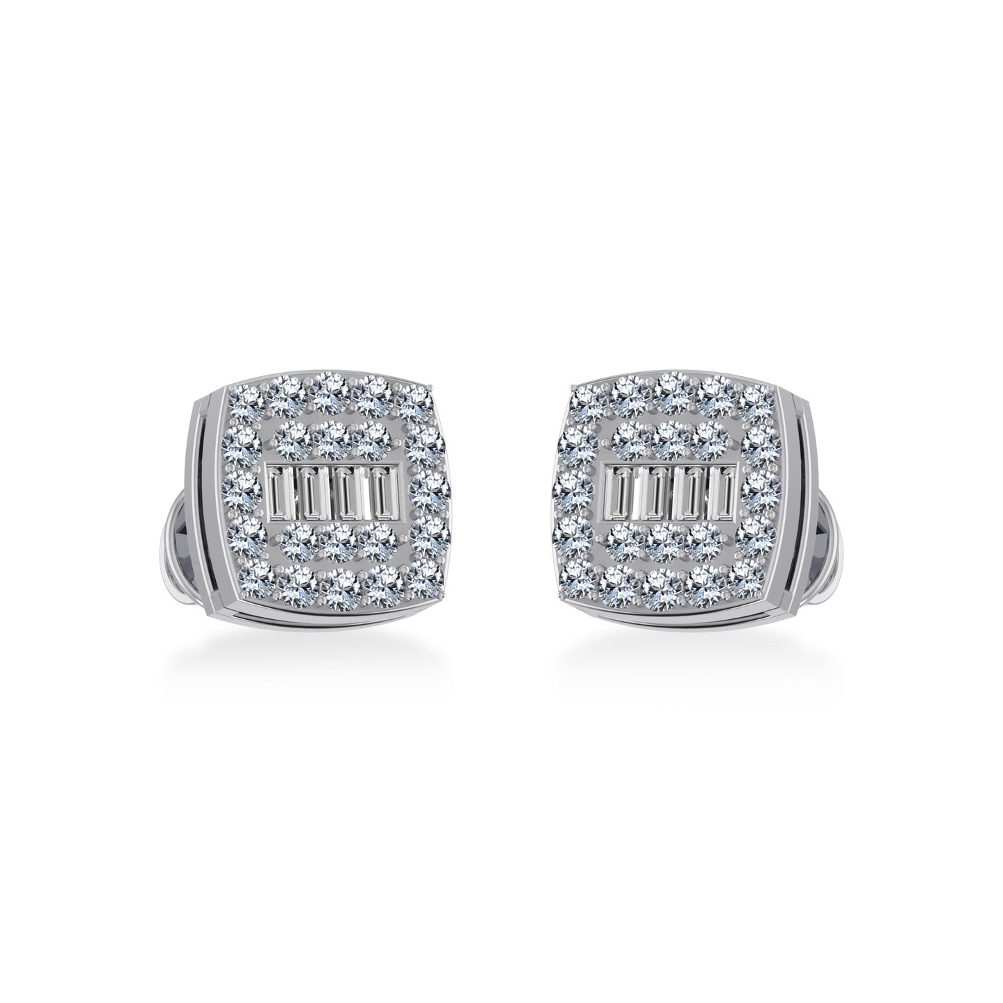 10K White Gold Round Baguette Diamond Square Shape Cluster Stud Earring 1/4 Cttw