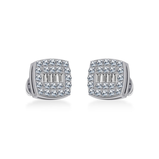 10K White Gold Round Baguette Diamond Square Shape Cluster Stud Earring 1/4 Cttw