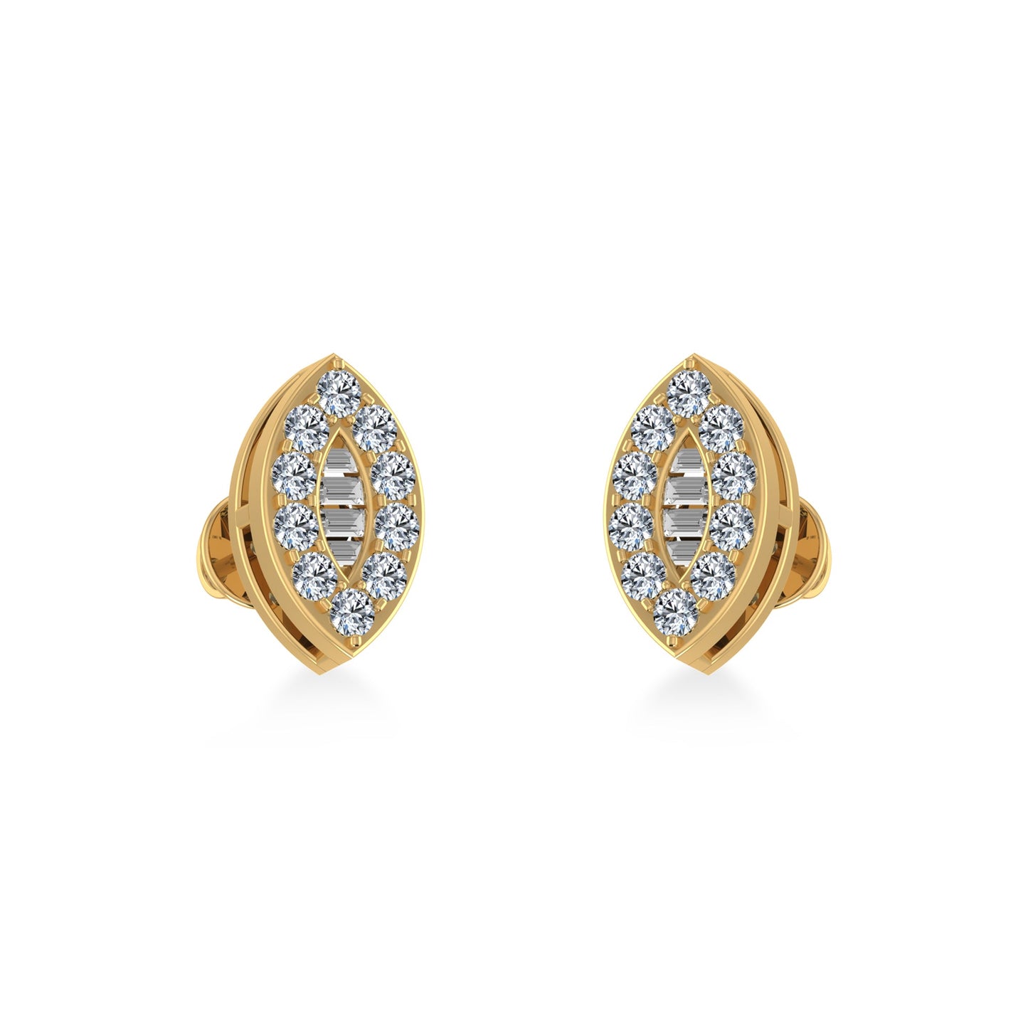 10K Yellow Gold Baguette Diamond Marquise Shape Stud Earrings 1/4 Cttw