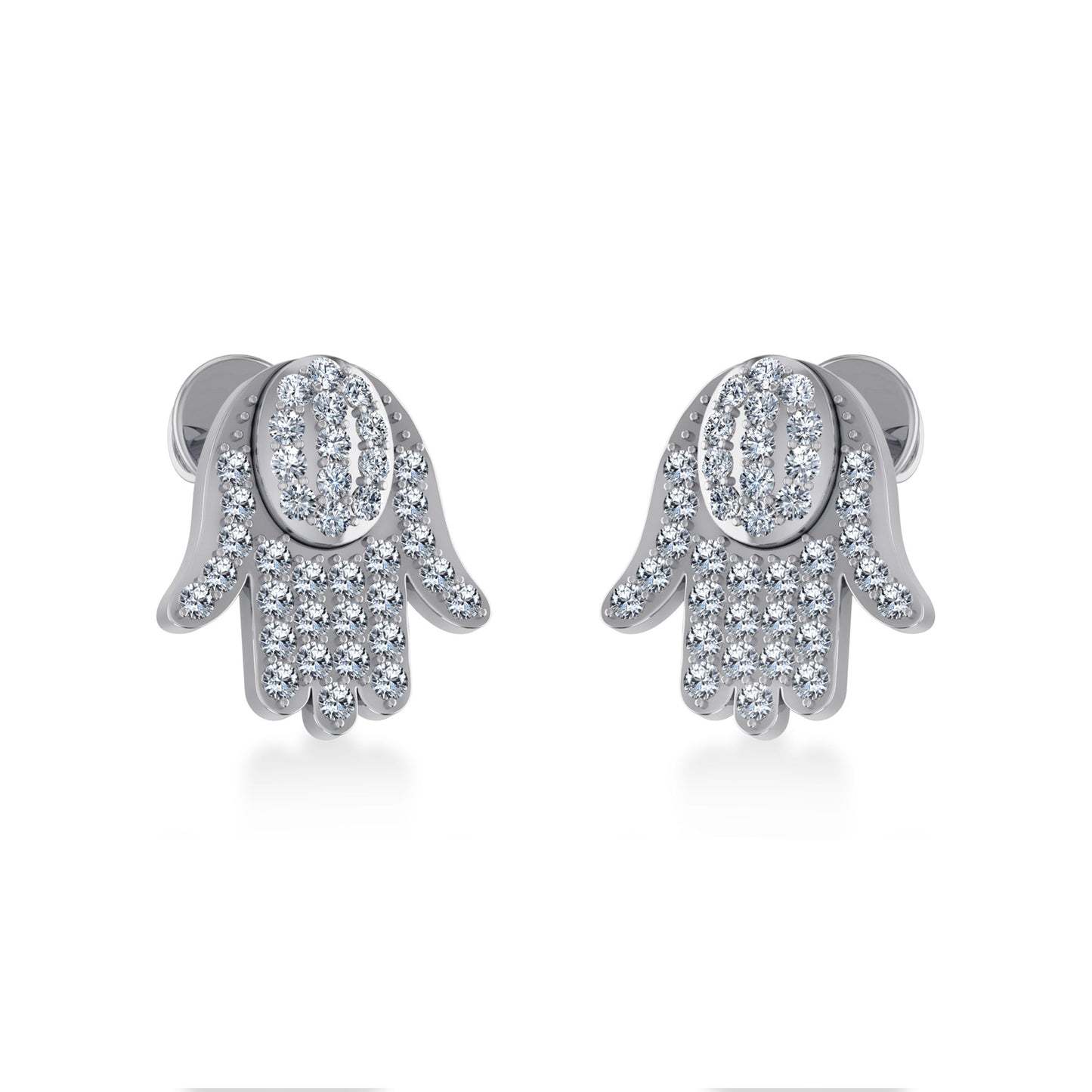 10K White Gold Round Baguette Diamond Hamza Hand Religious Stud Earring 1/5 Cttw