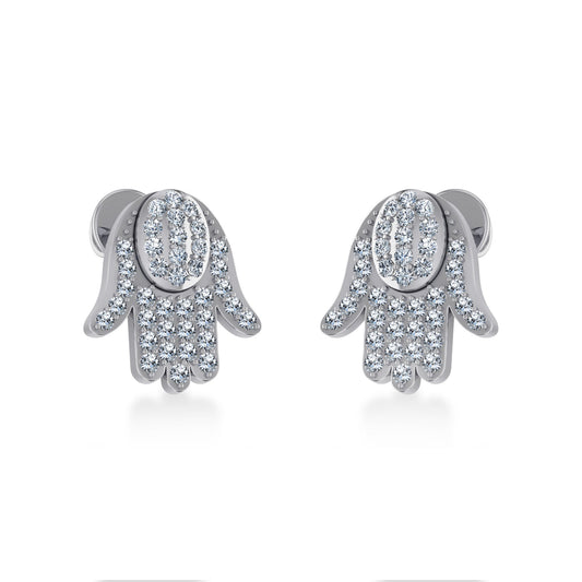 10K White Gold Round Baguette Diamond Hamza Hand Religious Stud Earring 1/5 Cttw