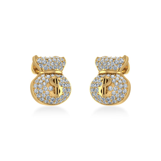 10K Yellow Gold Round Diamond Money Dollar Bag Designer Stud Earrings 1/6 Cttw