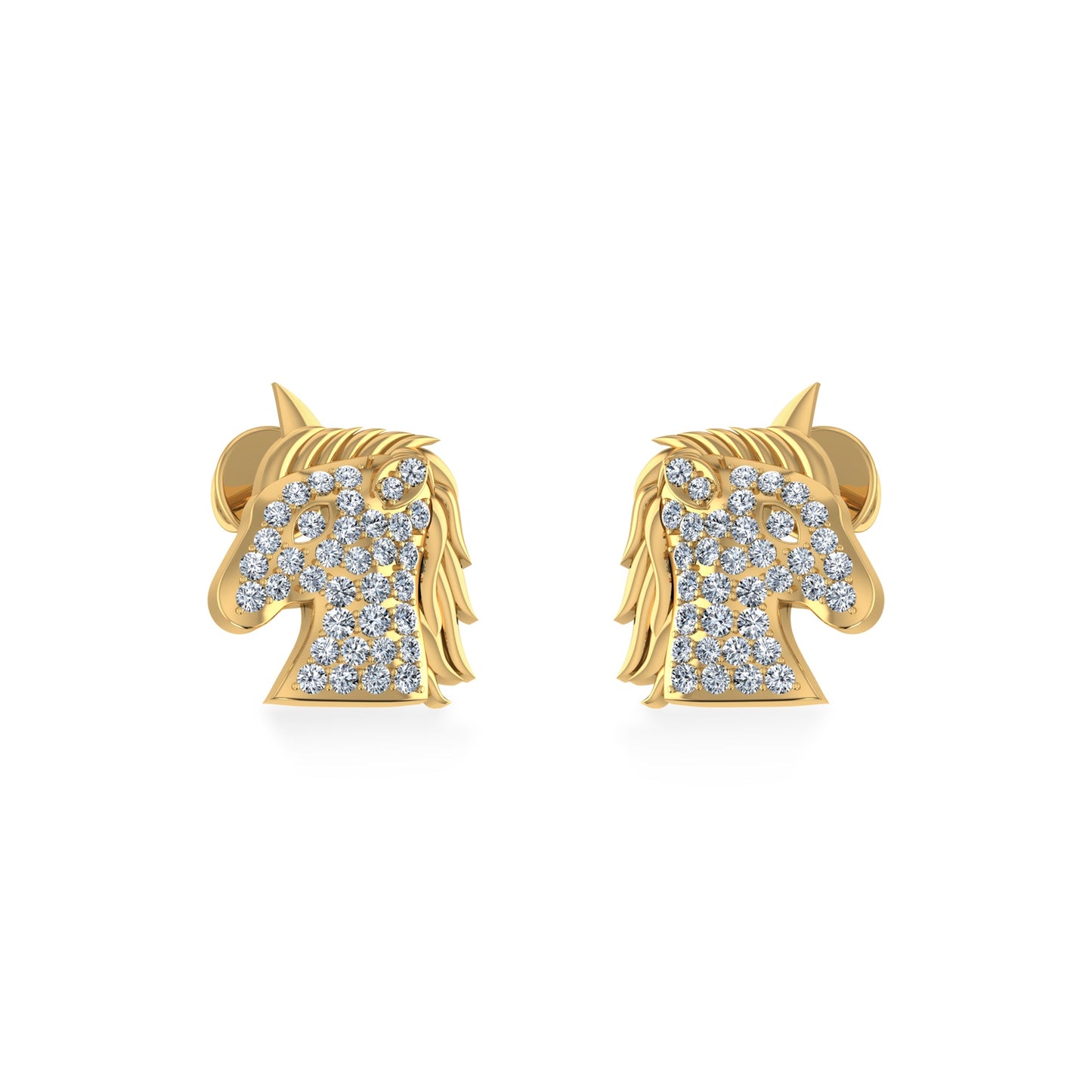 10K Yellow Gold Round Diamond Horse Animal Designer Stud Earring 1/5 Cttw
