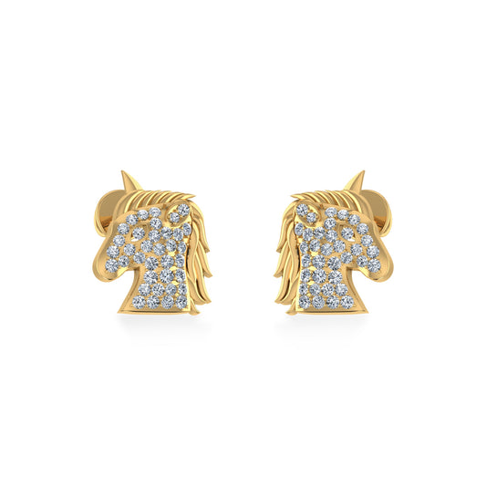 10K Yellow Gold Round Diamond Horse Animal Designer Stud Earring 1/5 Cttw
