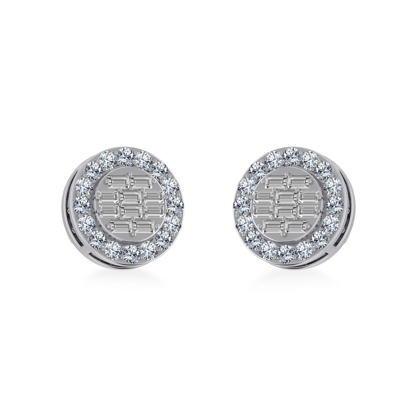 10K White Gold Round Baguette Diamond Stud Earring 1/2 Cttw