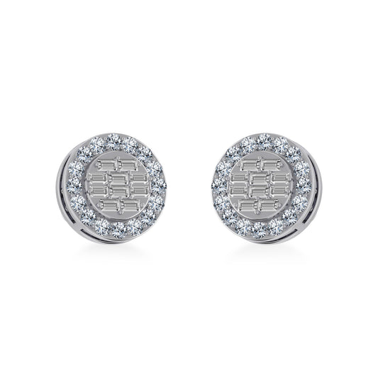 10K White Gold Round Baguette Diamond Stud Earring 1/2 Cttw