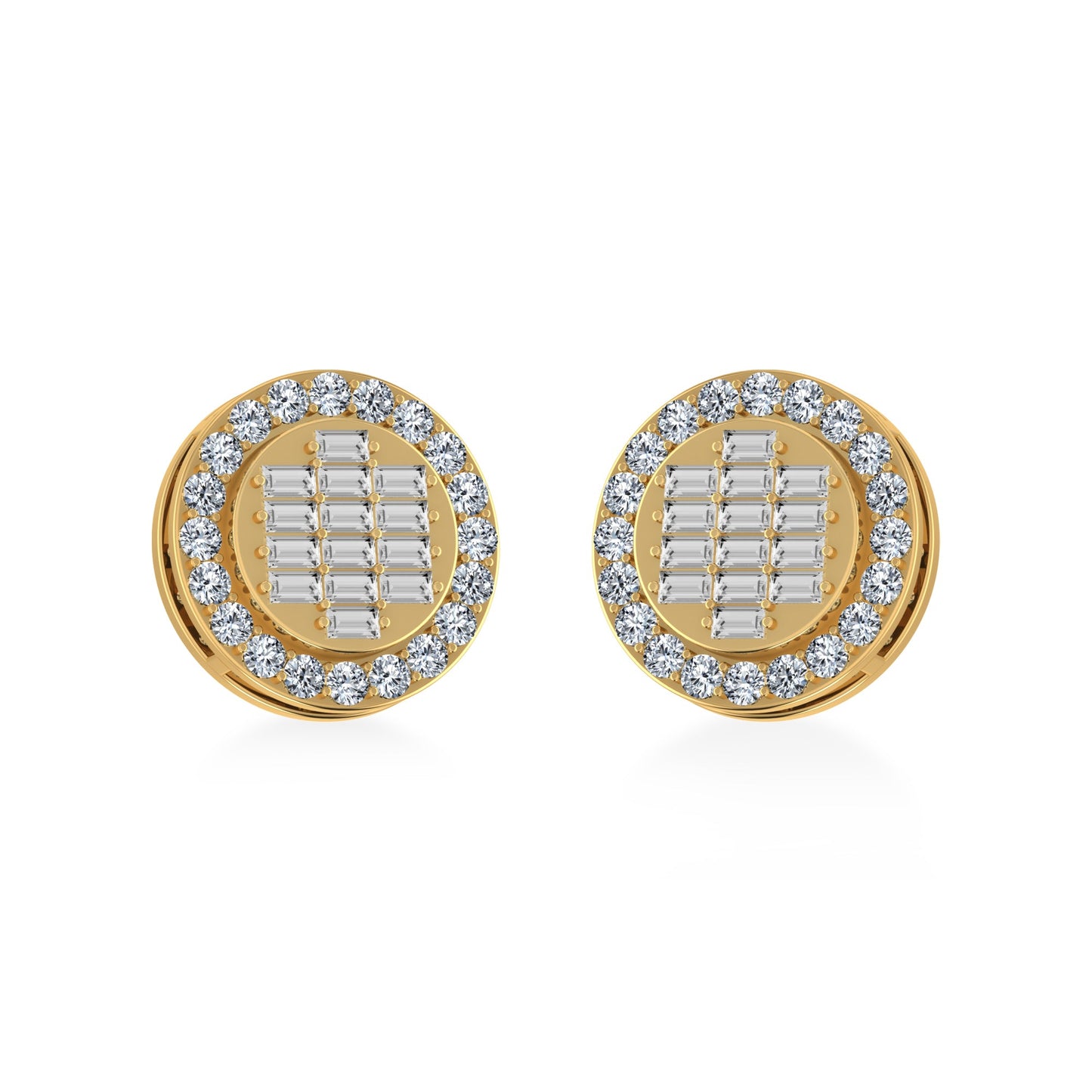 10K Yellow Gold Round Baguette Diamond Cluster Stud Earring 5/8 Cttw