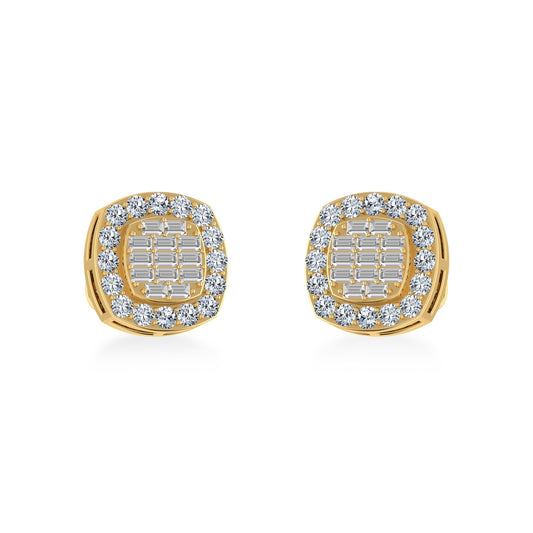 10K Yellow Gold Round Baguette Diamond Stud Earrings 5/8 Cttw