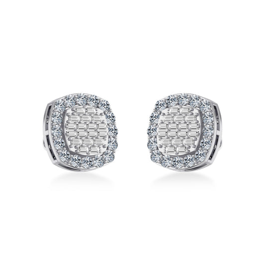 10K White Gold Round Baguette Diamond Stud Earring 1 Cttw