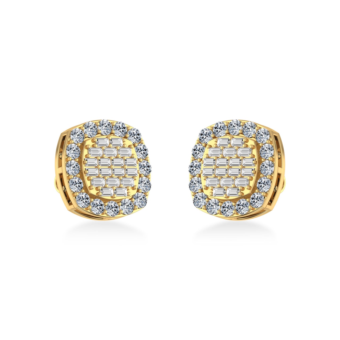10K Yellow Gold Round Baguette Diamond Stud Earrings 1 Cttw