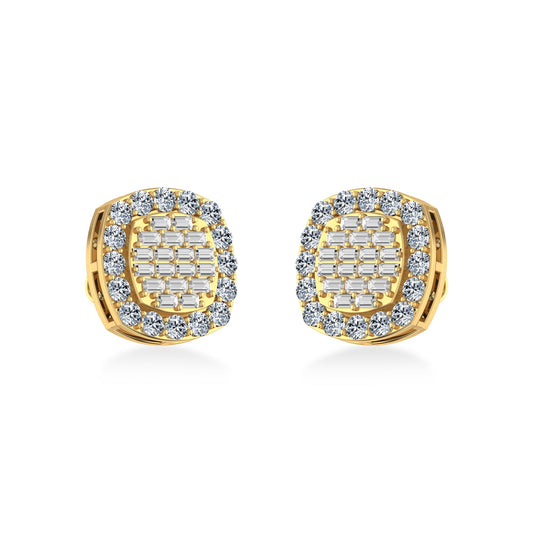 10K Yellow Gold Round Baguette Diamond Stud Earrings 1 Cttw