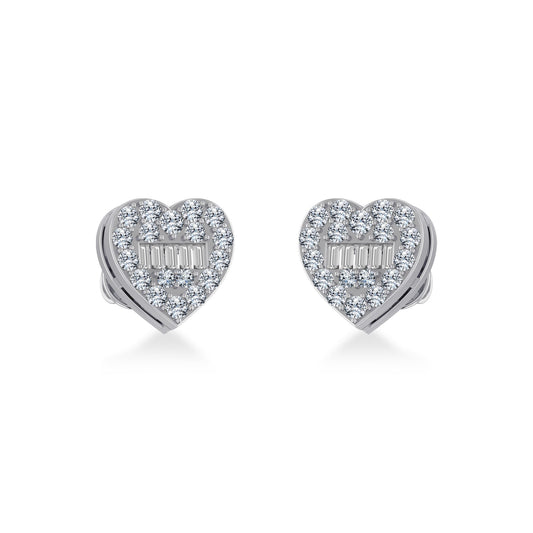 14K White Gold Round Baguette Diamond Heart Shape Cluster Stud EarRing 3/8 Cttw
