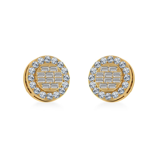 14K Yellow Gold Round Baguette Diamond Halo Stud Earrings 1/2 Cttw
