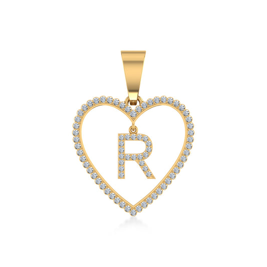 10K Yellow Gold Diamond Initial Heart R Letter Pendant 1/4 CTTW