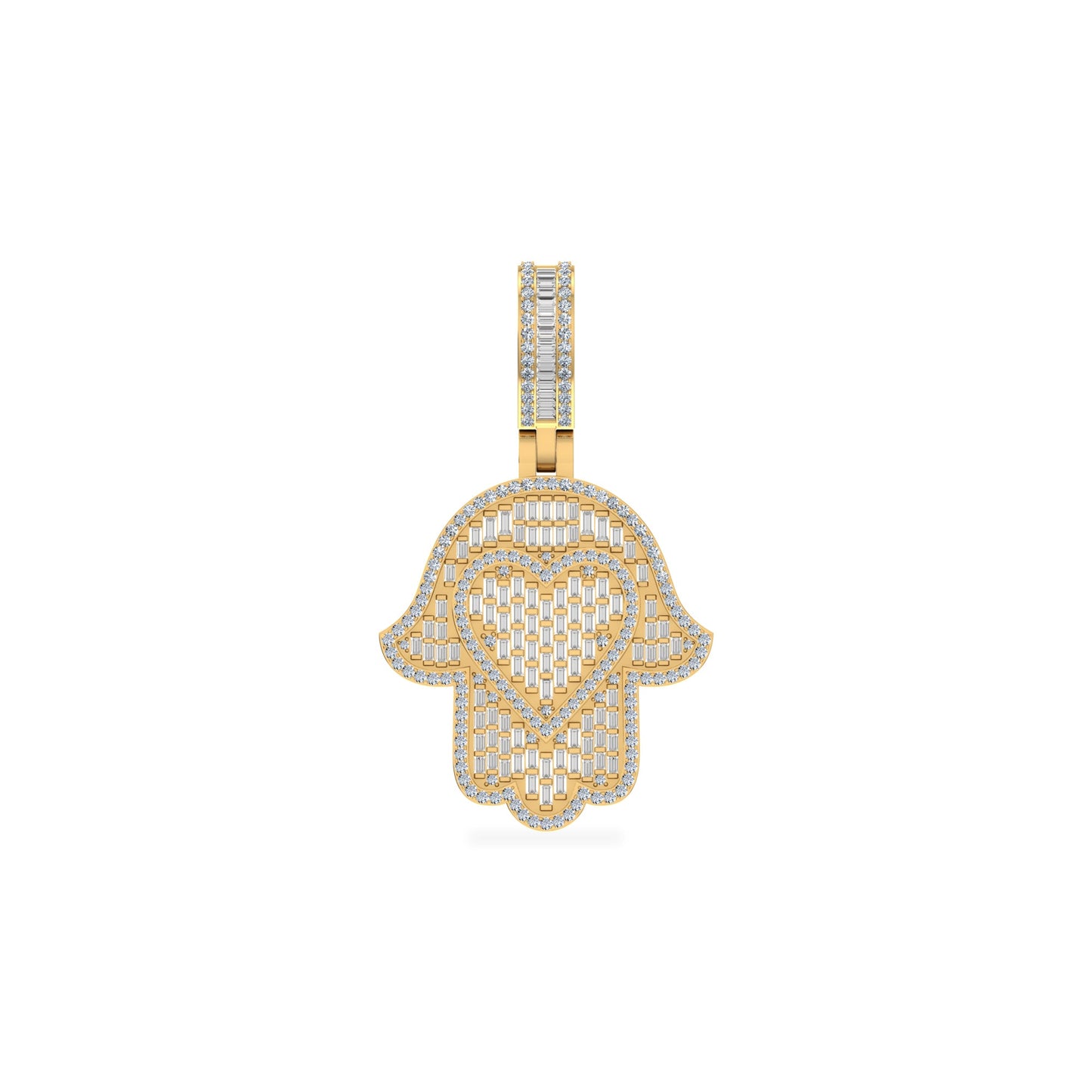 10K Yellow Gold Round Baguette Diamond Heart Hamza Hand Religious Charm Pendant 1-3/4 Cttw