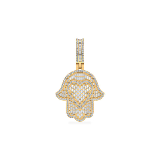 10K Yellow Gold Round Baguette Diamond Heart Hamza Hand Religious Charm Pendant 1-3/4 Cttw