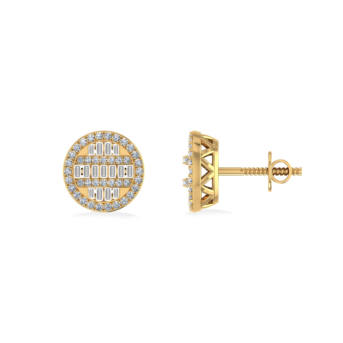10K Yellow Gold Round Baguette Diamond Designer Mens Stud Earring 3/8 Cttw