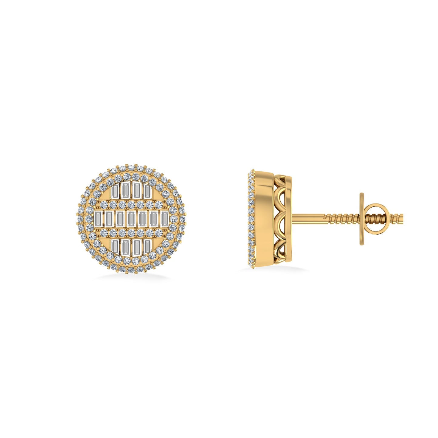 10K Yellow Gold Round Baguette Diamond Designer Mens Stud Earring 1/3 Cttw