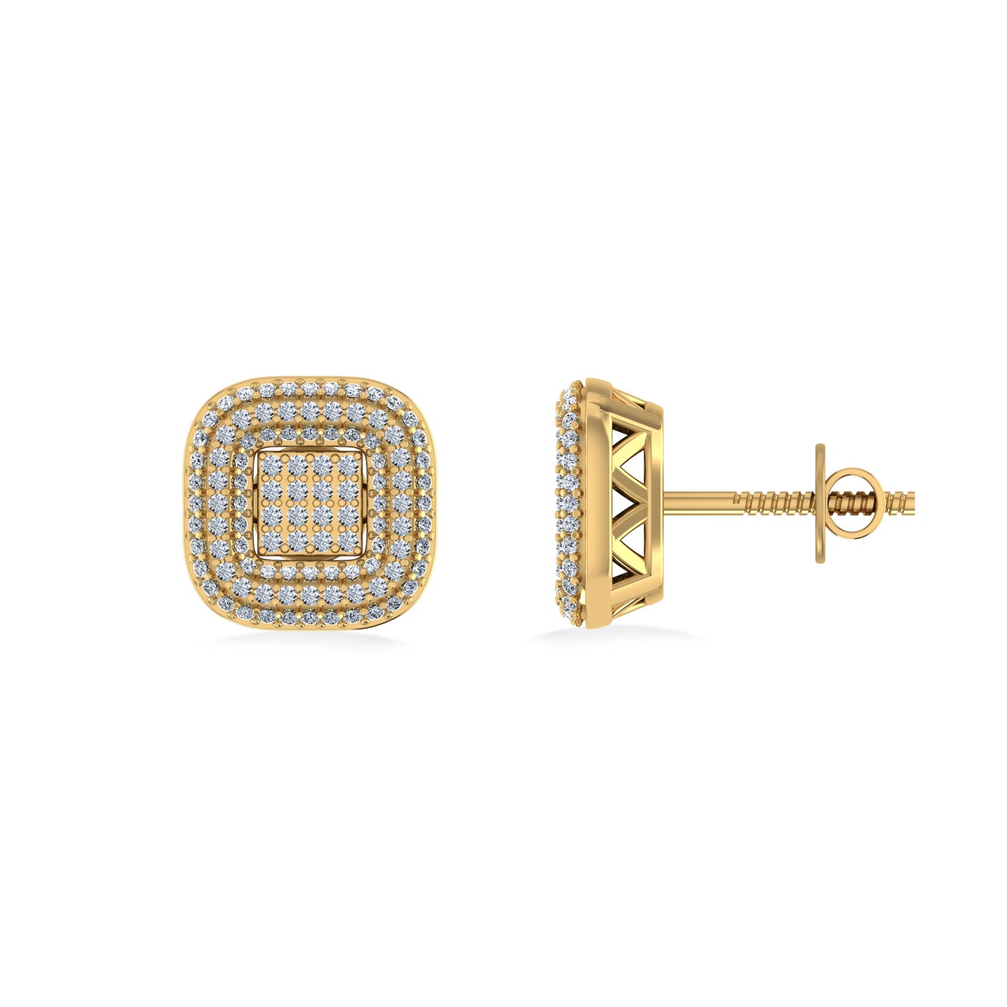 10K Yellow Gold Round Diamond Square Shape Designer Mens Stud Earring 1/4 Cttw