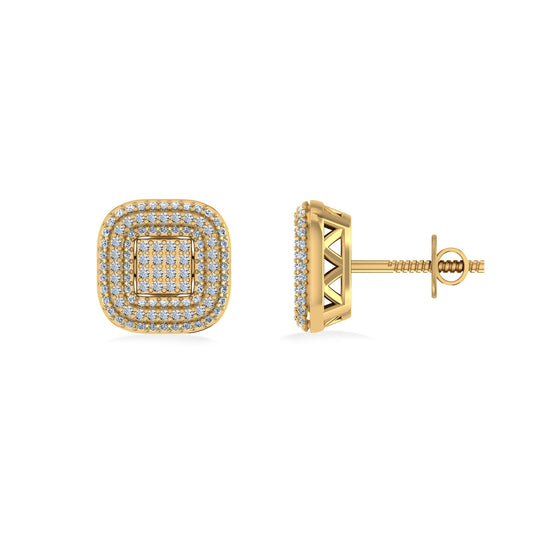 10K Yellow Gold Round Diamond Square Shape Designer Mens Stud Earring 1/4 Cttw
