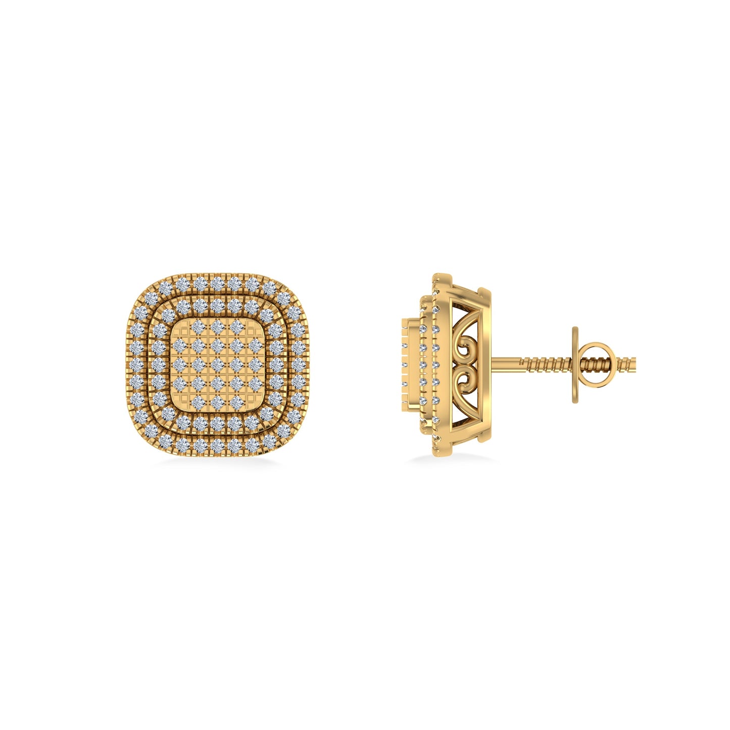 10K Yellow Gold Round Diamond Square Shape Designer Mens Halo Stud Earring 1/3 Cttw