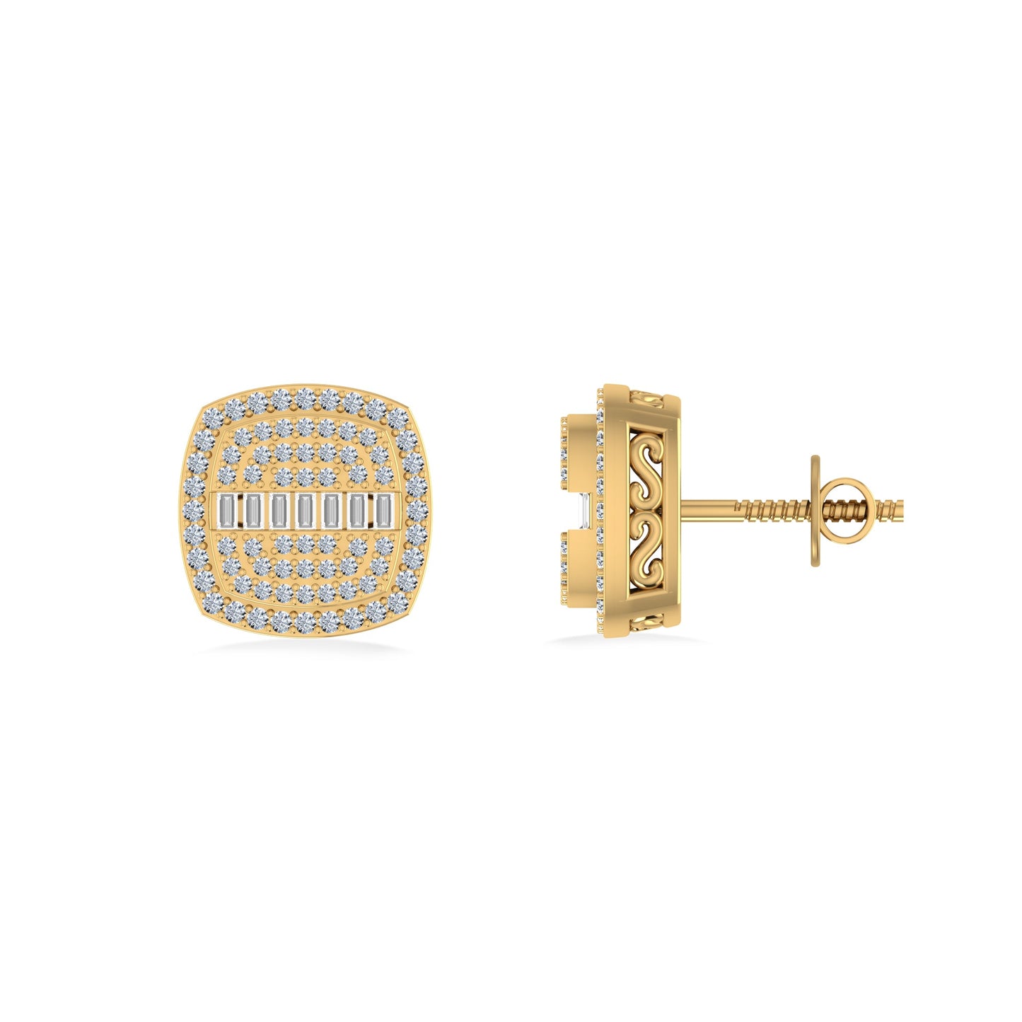 10K Yellow Gold Round Baguette Diamond Square Shape Designer Mens Stud Earring 1/3 Cttw