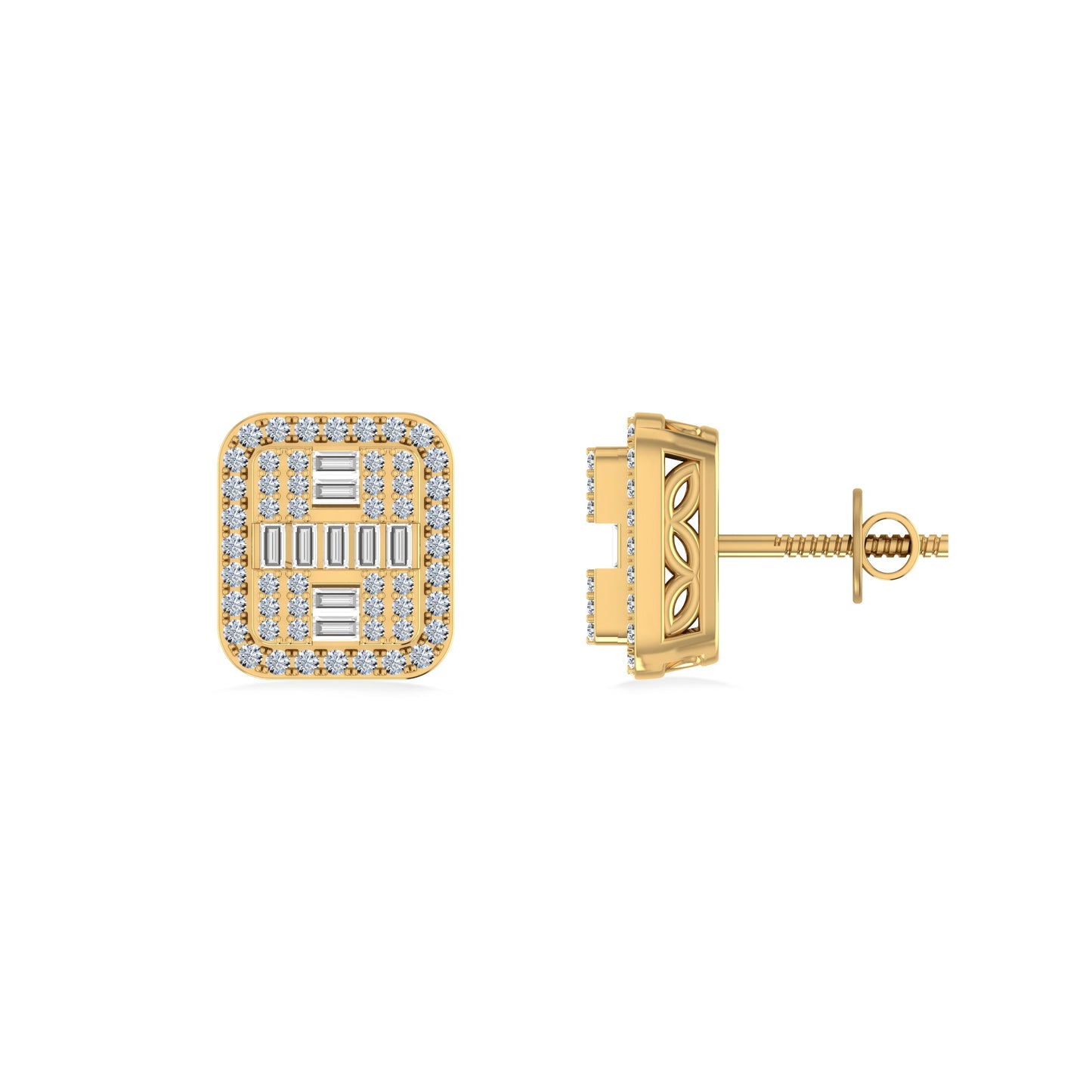 10K Yellow Gold Round Baguette Diamond Square Shape Designer Mens Stud Earring 3/8 Cttw
