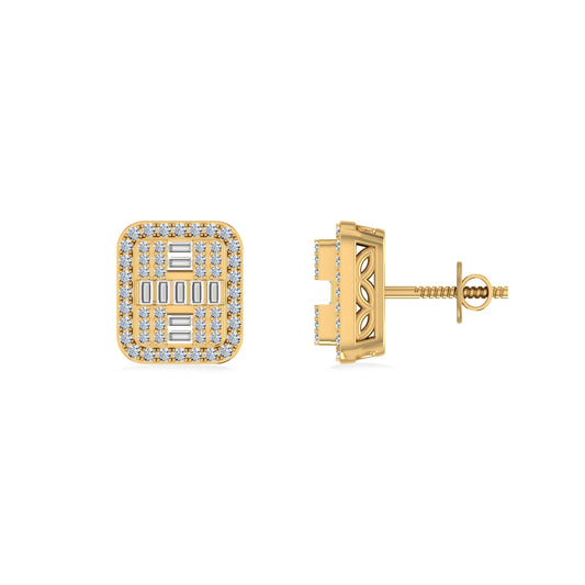 10K Yellow Gold Round Baguette Diamond Square Shape Designer Mens Stud Earring 3/8 Cttw