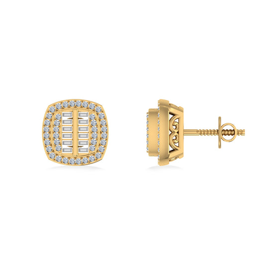 10K Yellow Gold Round Baguette Diamond Square Shape Designer Mens Stud Earring 1/3 Cttw