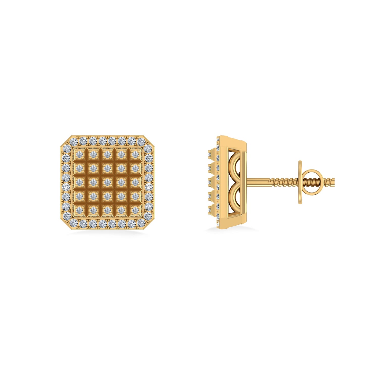 10K Yellow Gold Round Diamond Square Shape Designer Mens Stud Earring 1/5 Cttw