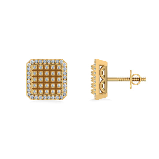 10K Yellow Gold Round Diamond Square Shape Designer Mens Stud Earring 1/5 Cttw