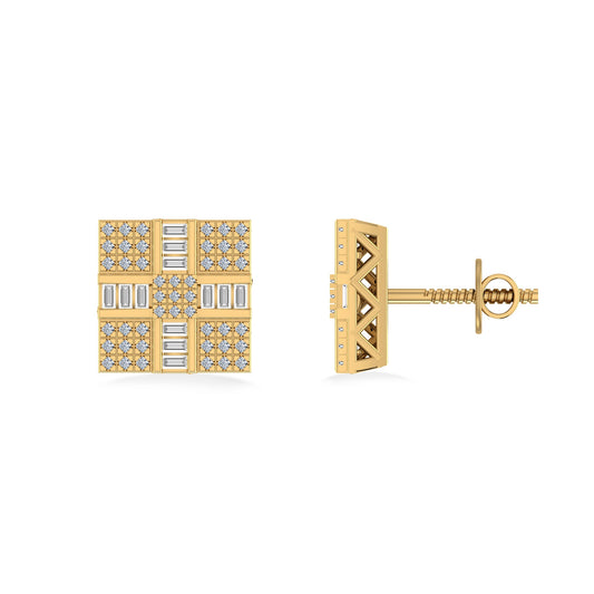 10K Yellow Gold Round Baguette Diamond Square Shape Designer Mens Stud Earring 1/3 Cttw