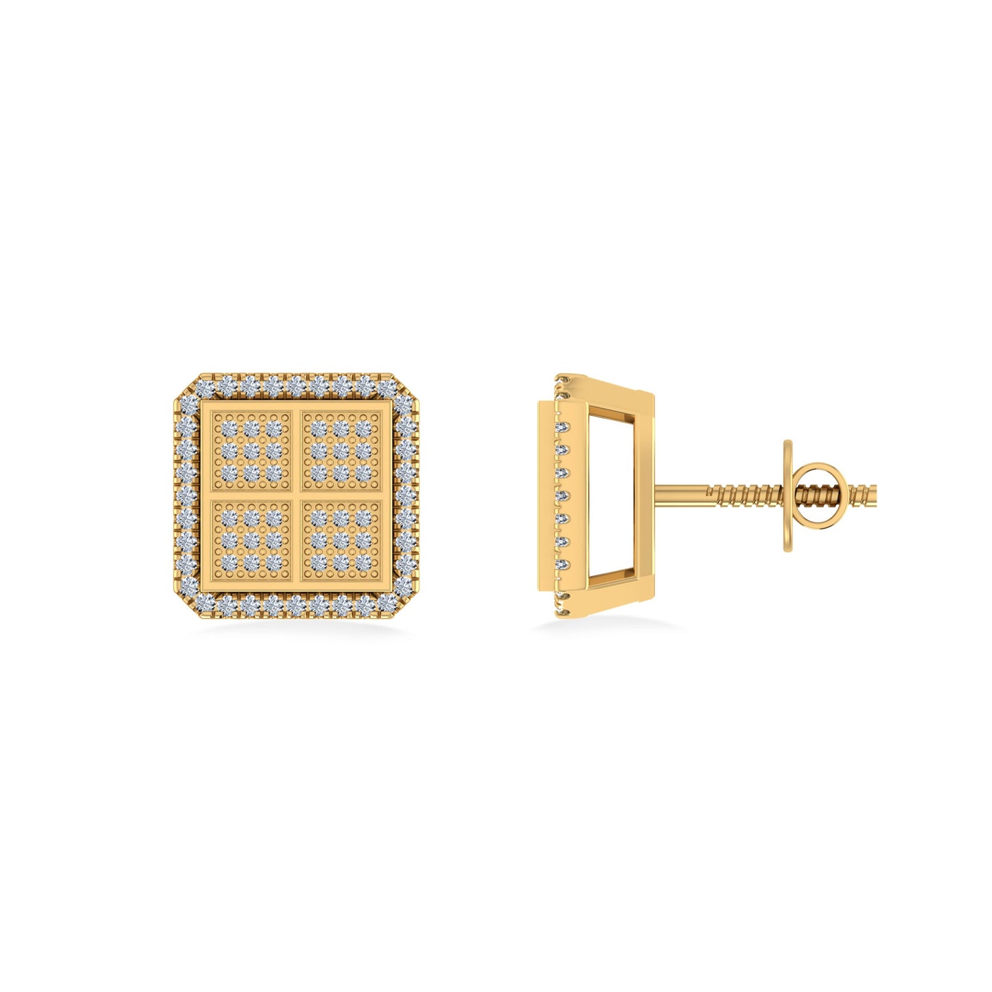 10K Yellow Gold Round Baguette Diamond Square Shape Designer Mens Stud Earring 1/5 Cttw
