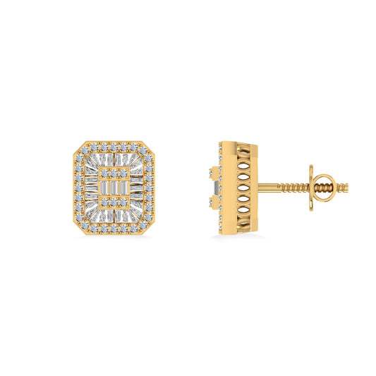 10K Yellow Gold Round Baguette Diamond Square Shape Designer Mens Stud Earring 1/3 Cttw