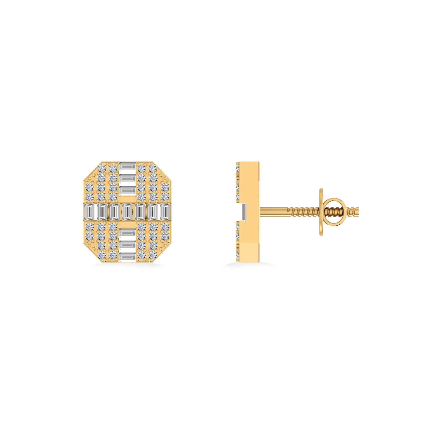 10K Yellow Gold Round Baguette Diamond Designer Mens Stud Earring 1/3 Cttw