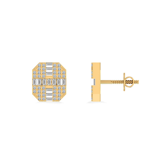 10K Yellow Gold Round Baguette Diamond Designer Mens Stud Earring 1/3 Cttw