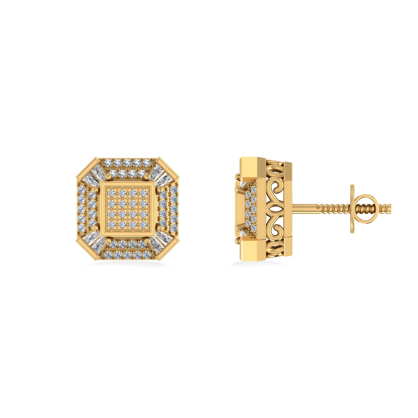 10K Yellow Gold Round Baguette Diamond Designer Mens Stud Earring 1/4 Cttw