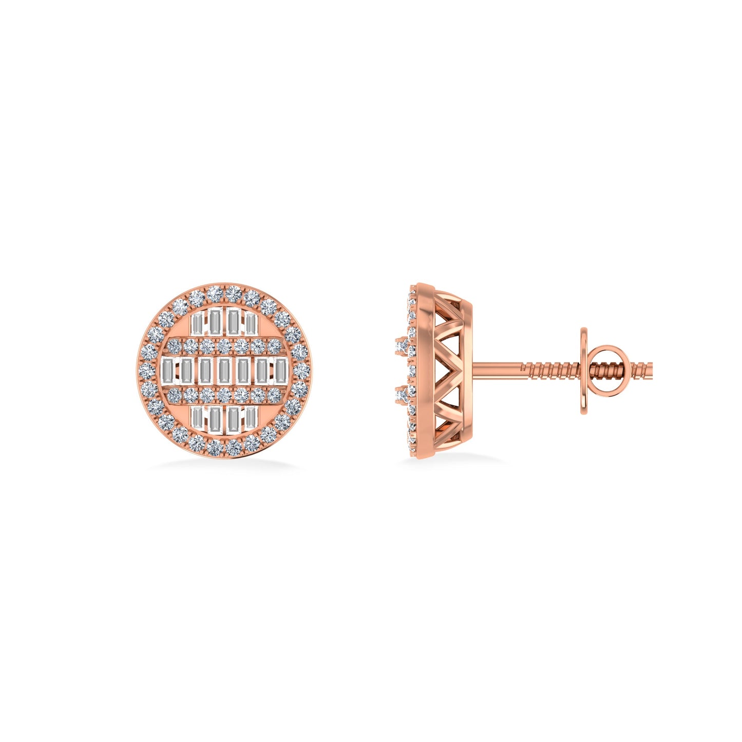 10K Rose Gold Round Baguette Diamond Designer Mens Stud Earring 3/8 Cttw