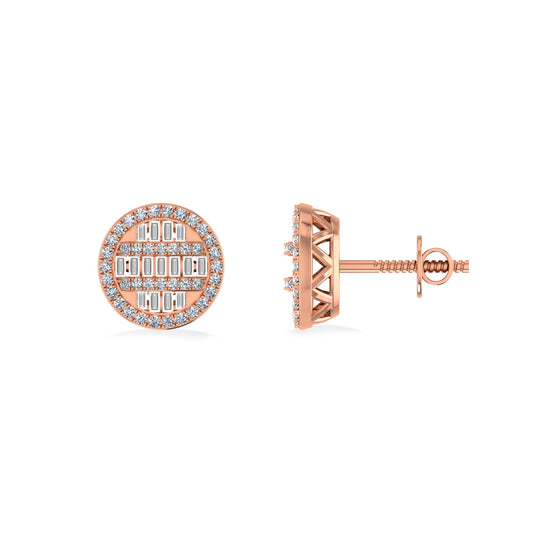 10K Rose Gold Round Baguette Diamond Designer Mens Stud Earring 3/8 Cttw