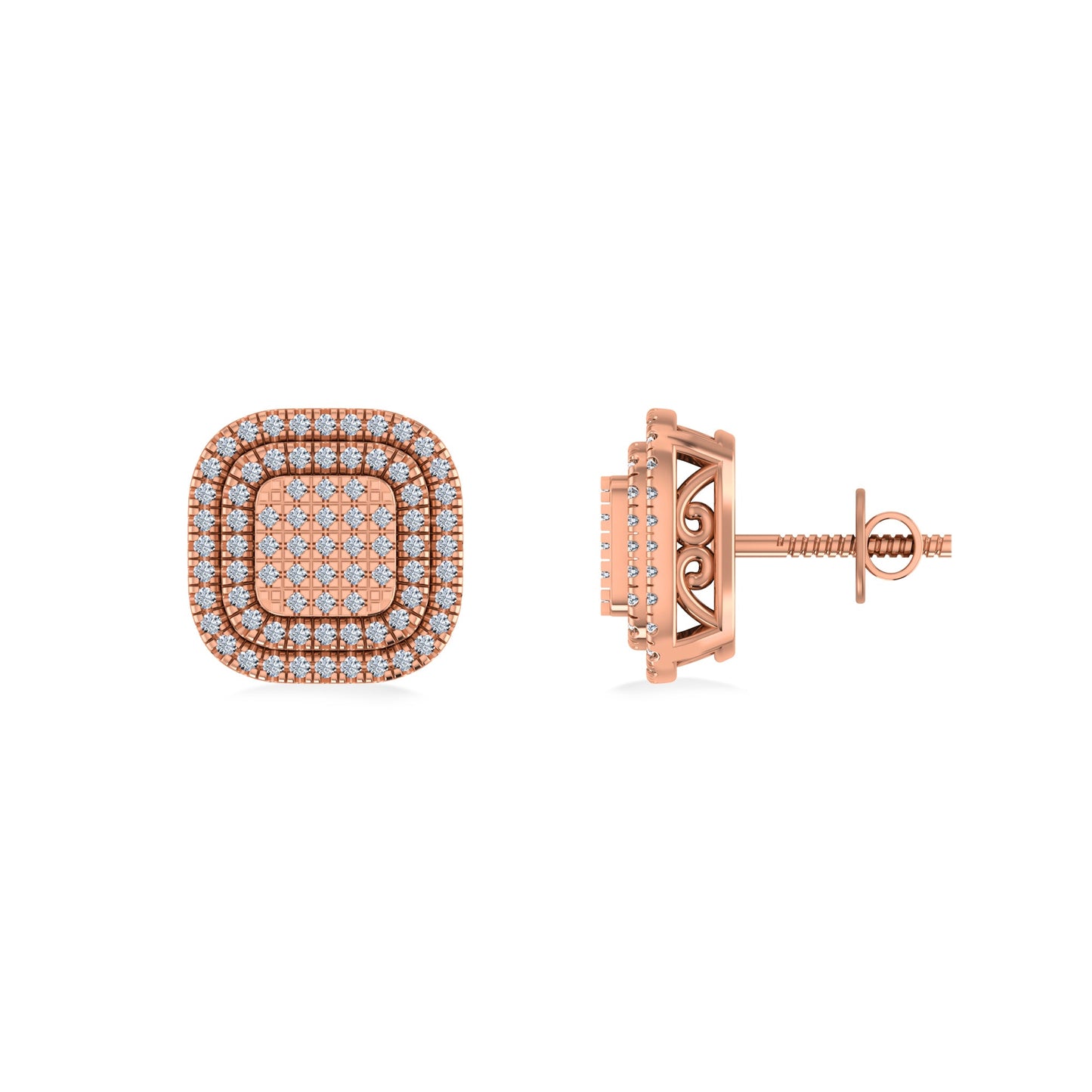 10K Rose Gold Round Diamond Square Shape Designer Mens Halo Stud Earring 1/3 Cttw