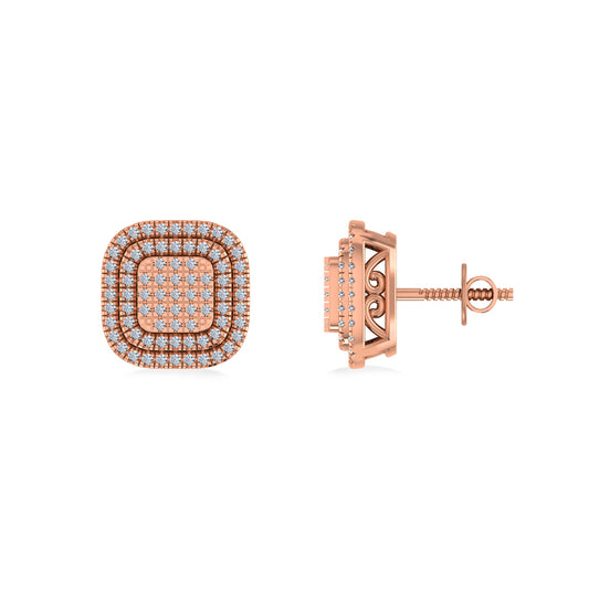 10K Rose Gold Round Diamond Square Shape Designer Mens Halo Stud Earring 1/3 Cttw