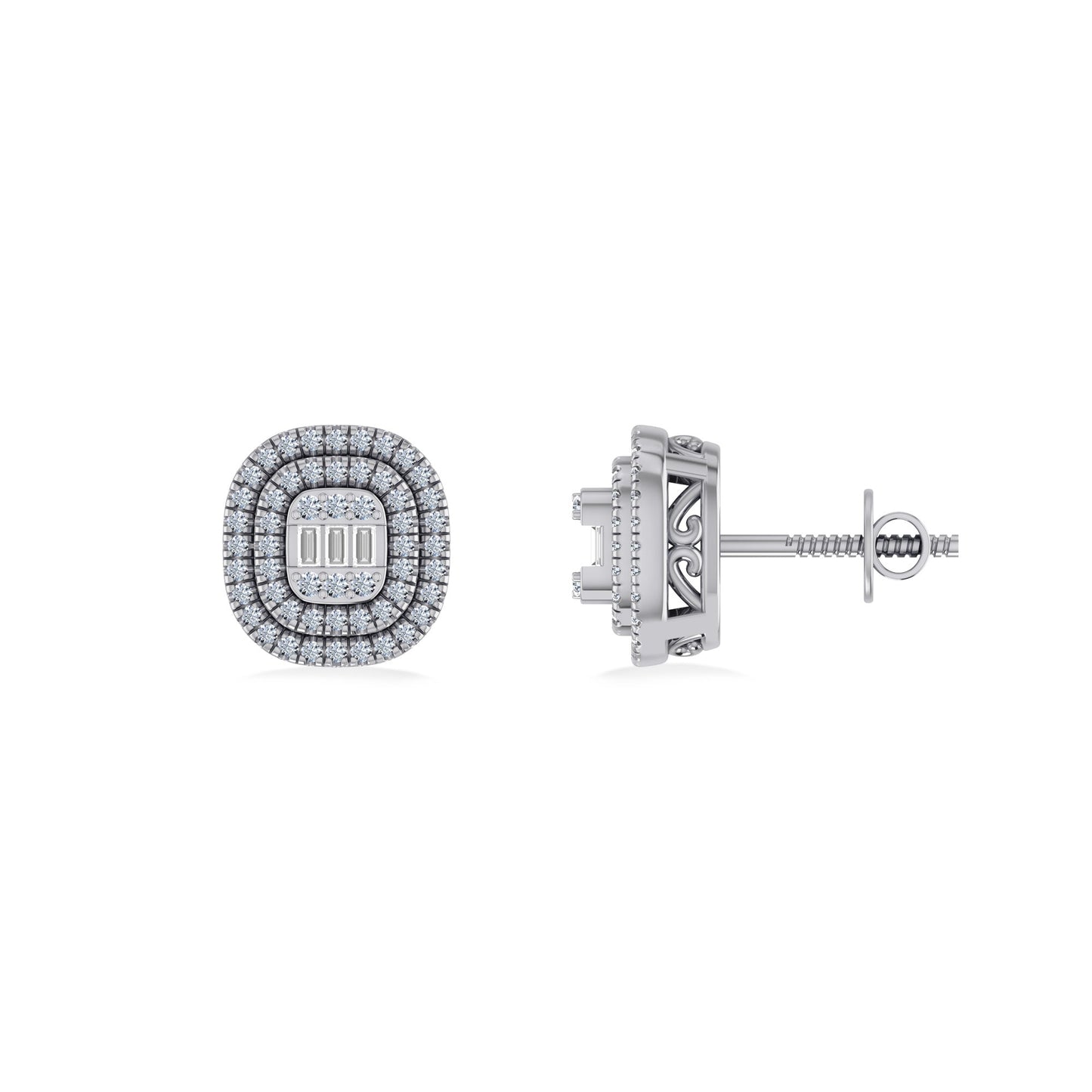 10K White Gold Round Baguette Diamond Square Shape Designer Double Halo Mens Stud Earring 1/4 Cttw