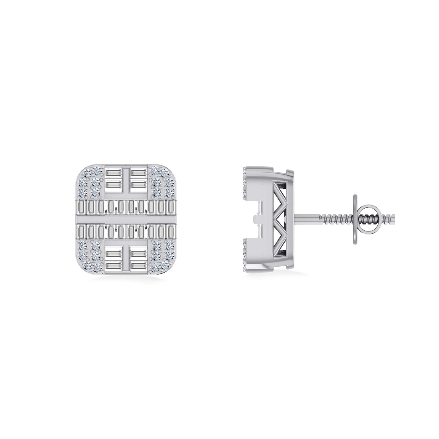 10K White Gold Round Diamond Square Shape Designer Mens Stud Earring 1/3 Cttw