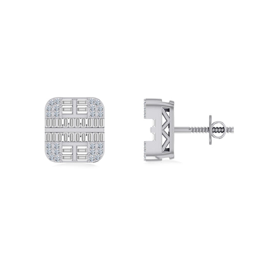 10K White Gold Round Diamond Square Shape Designer Mens Stud Earring 1/3 Cttw